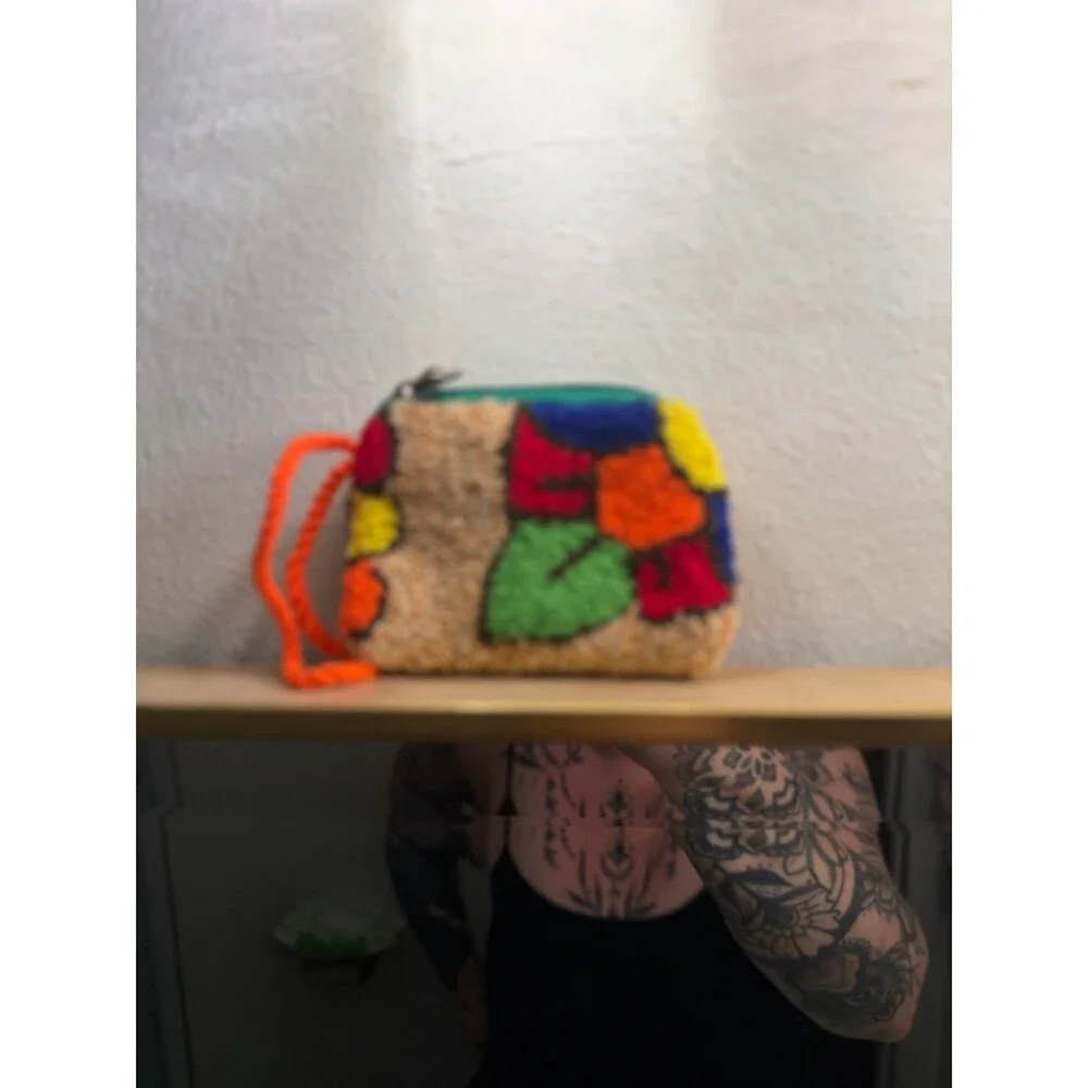 R&R Colorful fluffy handmade Textured knit yarn Coin floral boho Pouch